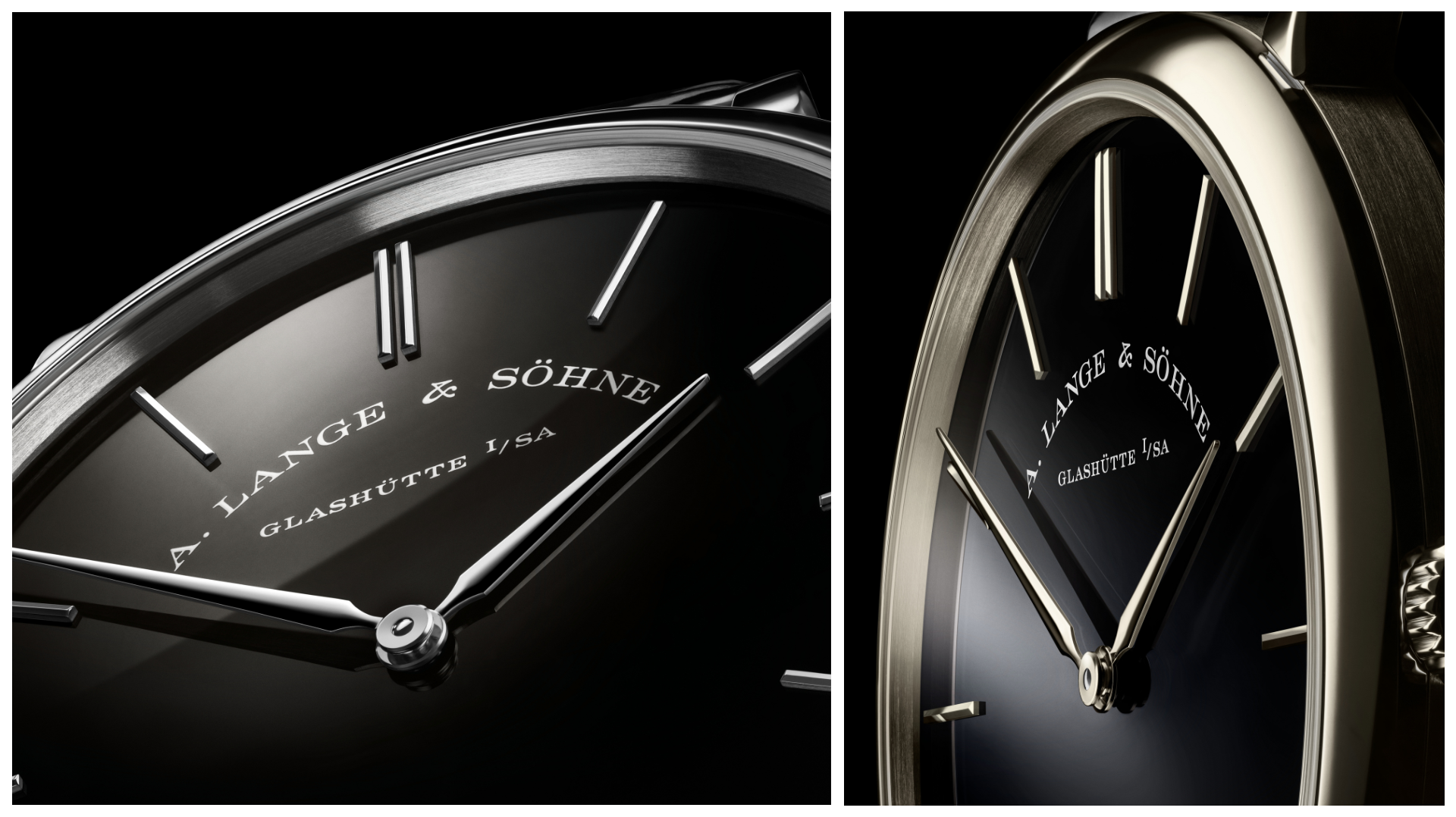 A. Lange & Söhne Saxonia Thin in 950 platinum (left) and 750 HONEYGOLD® (right).