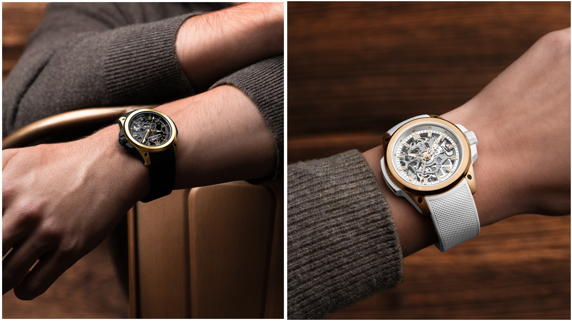 NORQAIN Wild ONE Skeleton 39mm in Yellow Gold and Red Gold. 