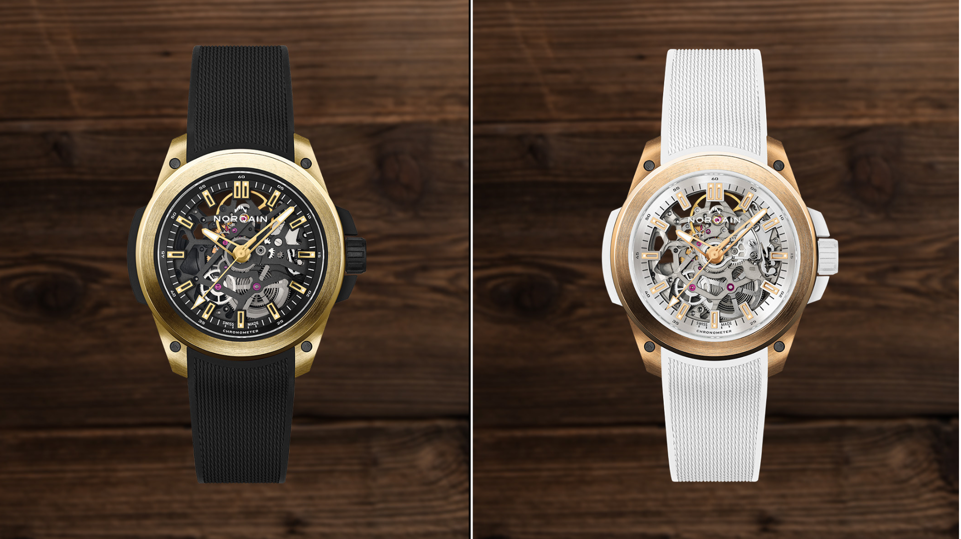 NORQAIN Wild ONE Skeleton 39mm in Yellow Gold and Red Gold.